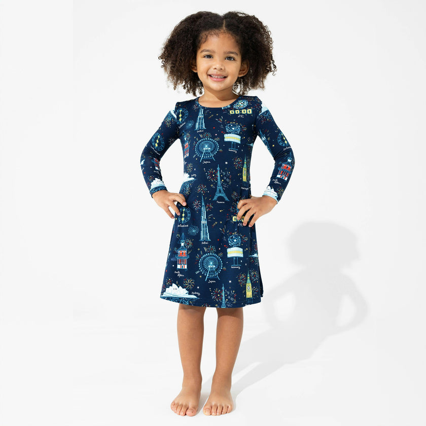 New Year's Worldwide Countdown Bamboo Girls' Long Sleeve Dress