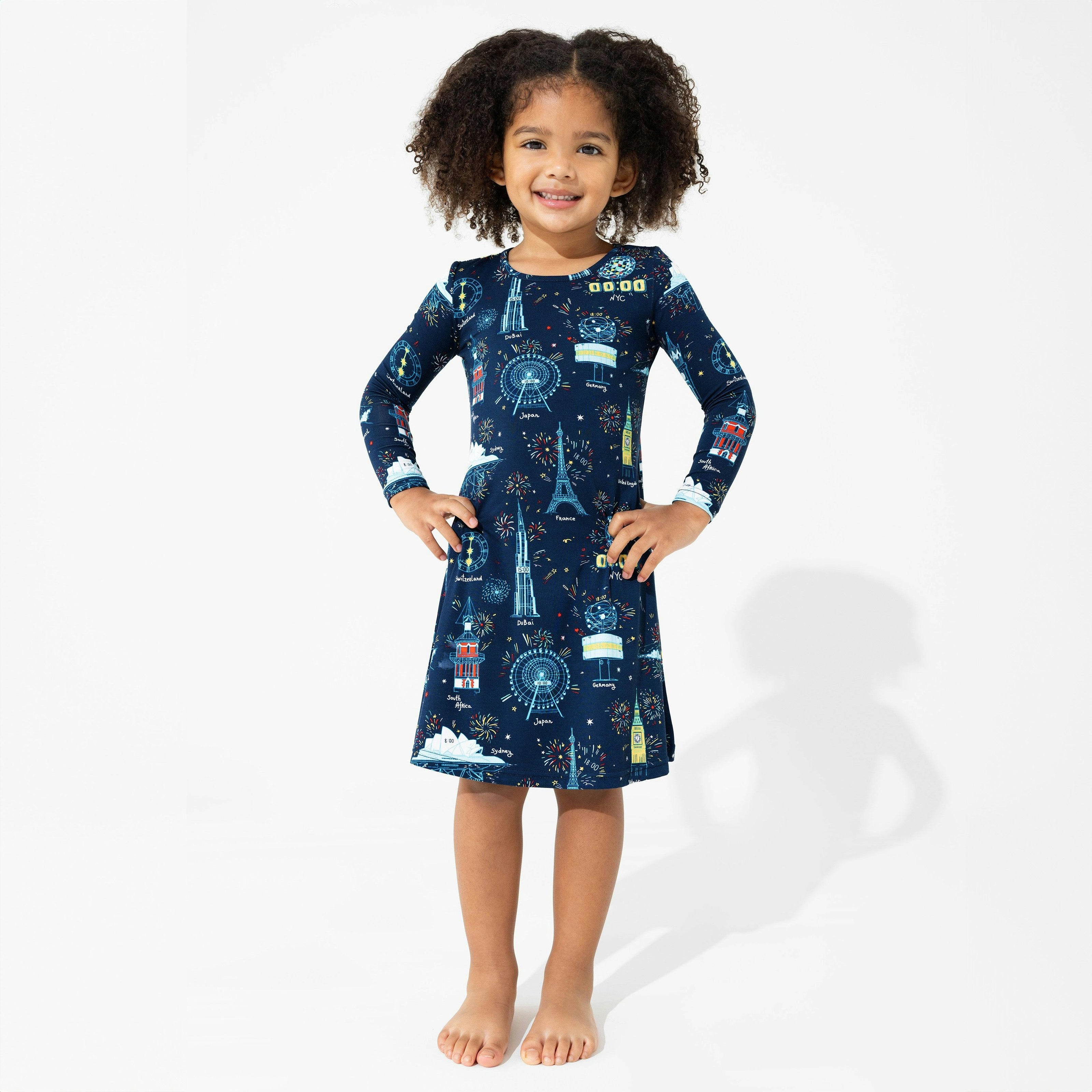 New Year's Worldwide Countdown Bamboo Girls' Long Sleeve Dress