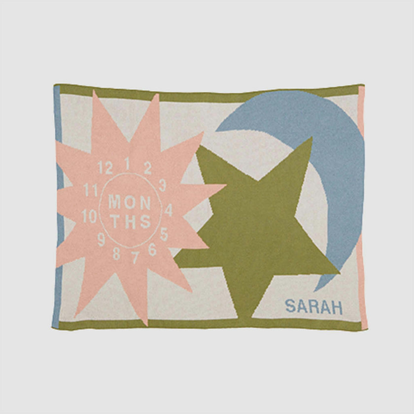 Custom Personalized Baby Sustainable Knit Throw Blanket - Sun Moon Stars Milestone