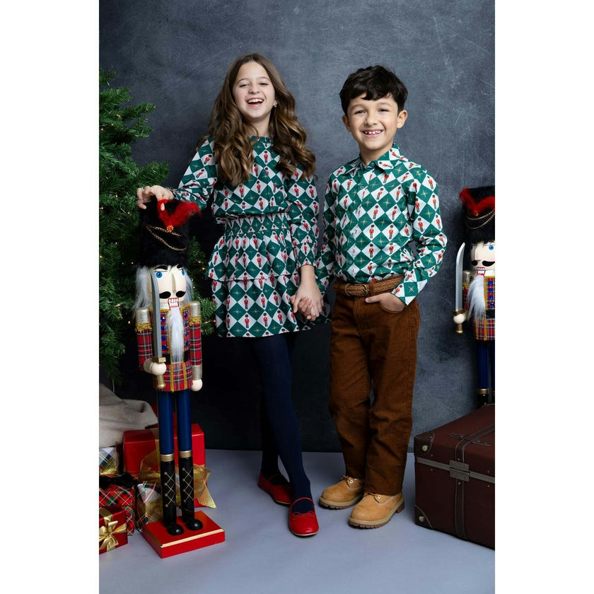 Nutcracker Checks Tiered Long Sleeves Dress