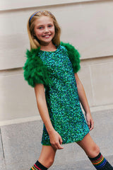 Feather Puff Sleeve Sequin Short Party Dress