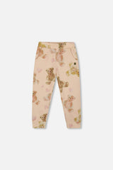 Glittering French Terry Sweatpants Beige Teddy Bear Print