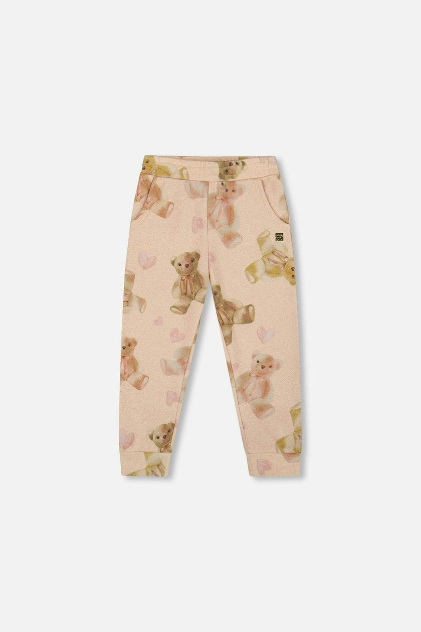 Glittering French Terry Sweatpants Beige Teddy Bear Print