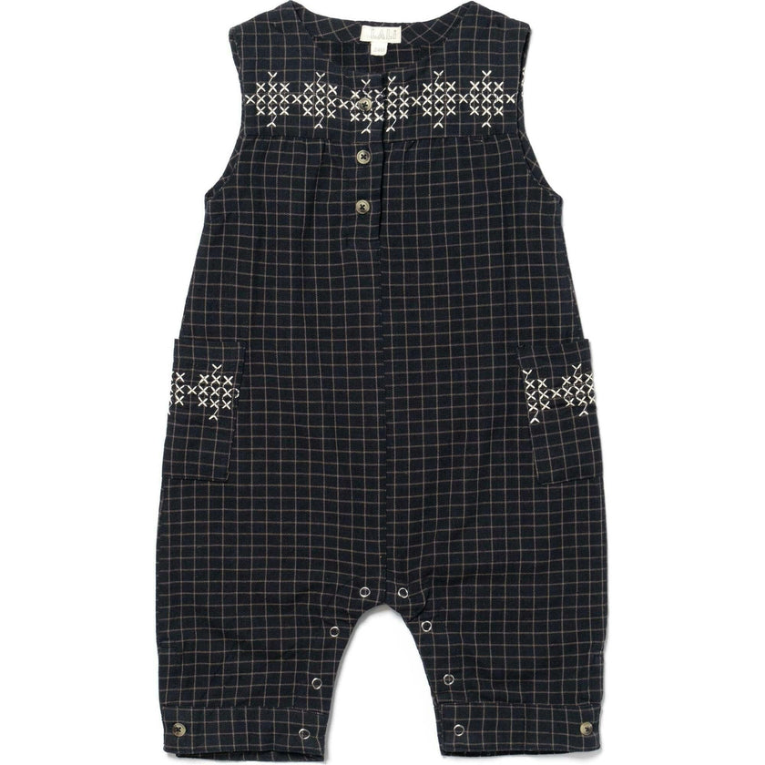 Embroidered Front Buttoned Sleeveless Jumpsuit, Navy