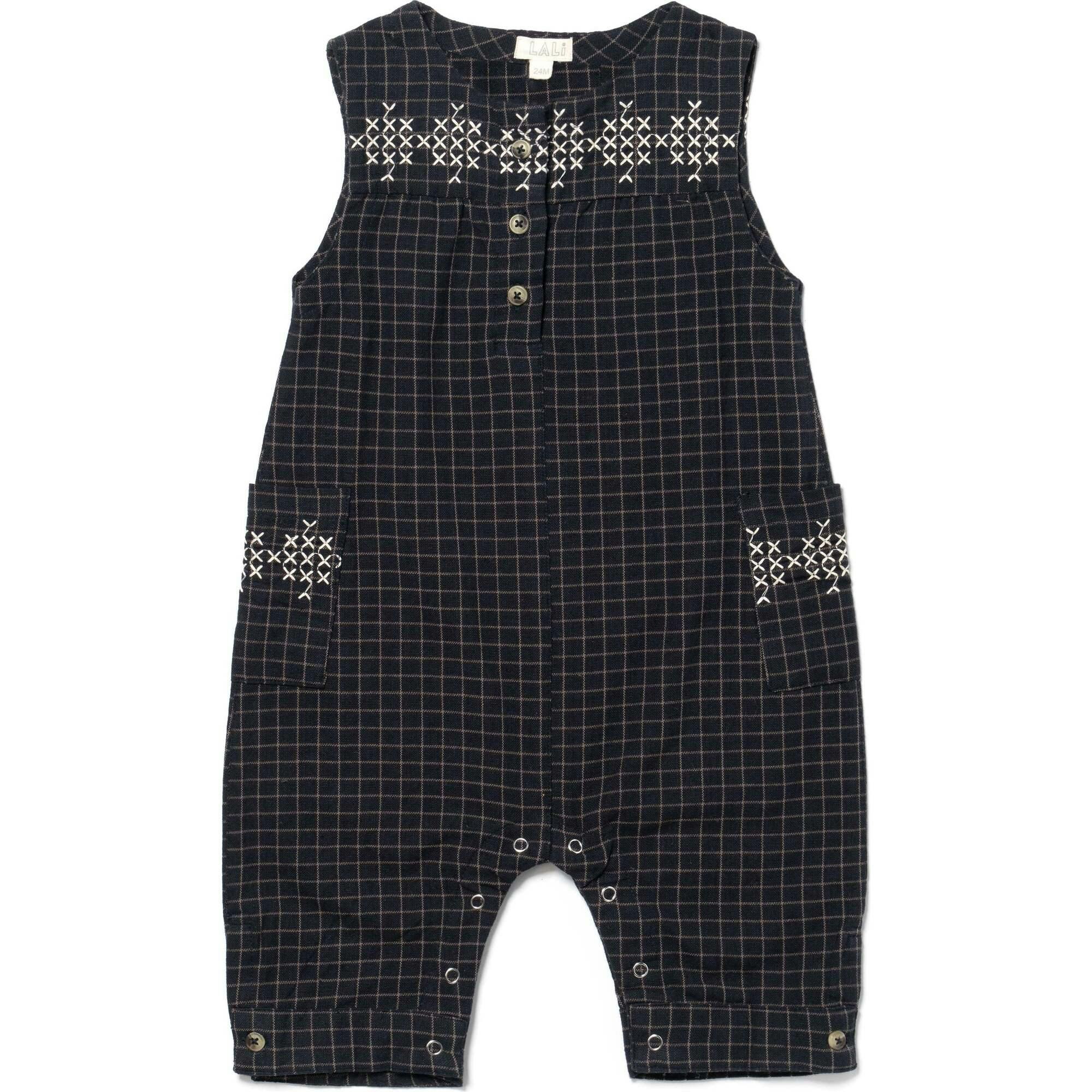 Embroidered Front Buttoned Sleeveless Jumpsuit, Navy