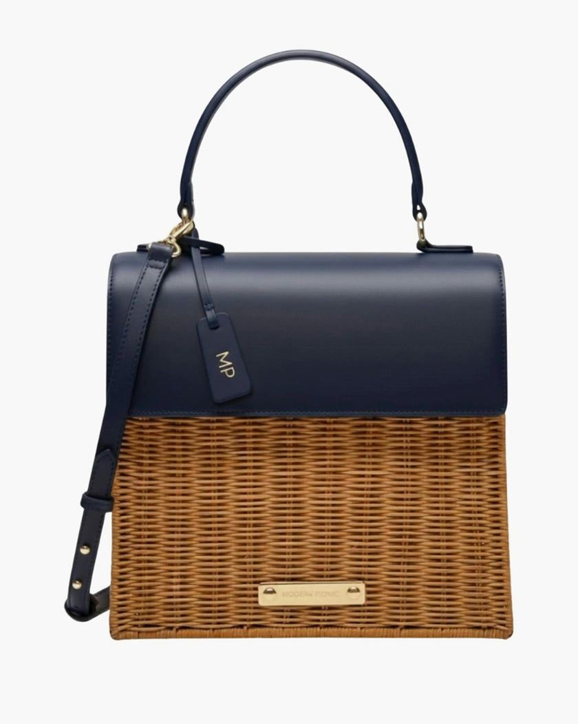 Medium Insulated Hand-Woven Wicker Lunchbox, Natural & Navy