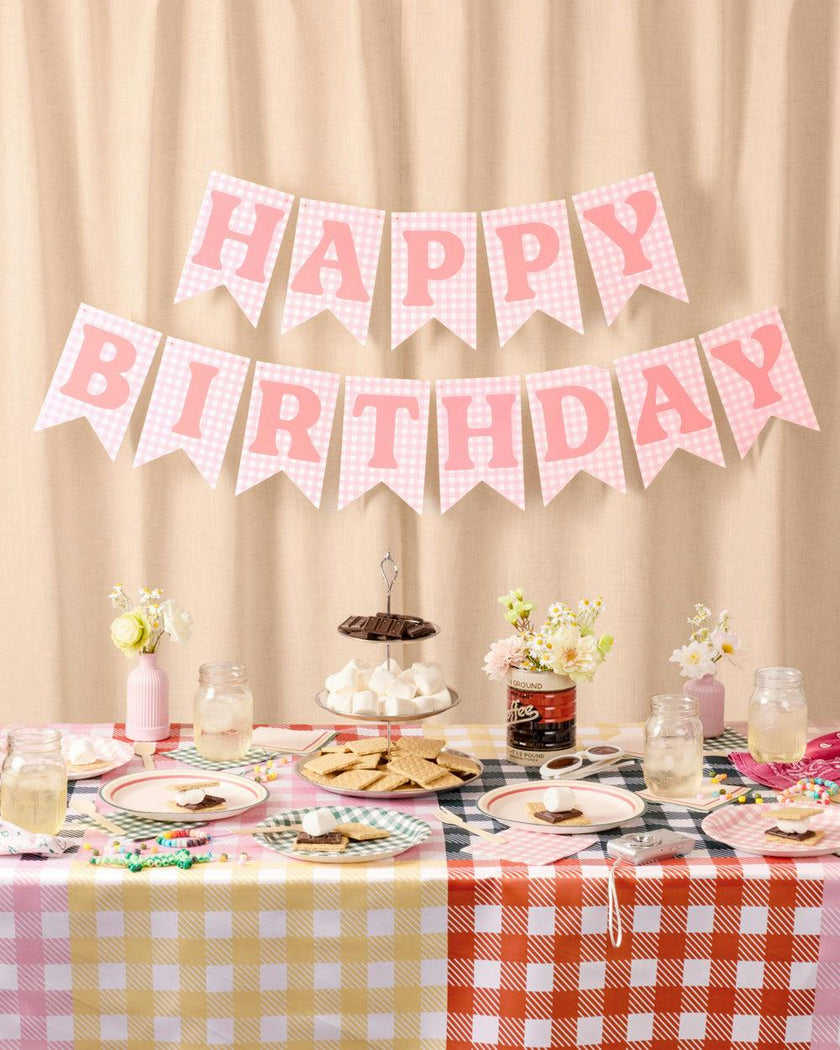 Gingham Birthday Banner - pre-strung banner