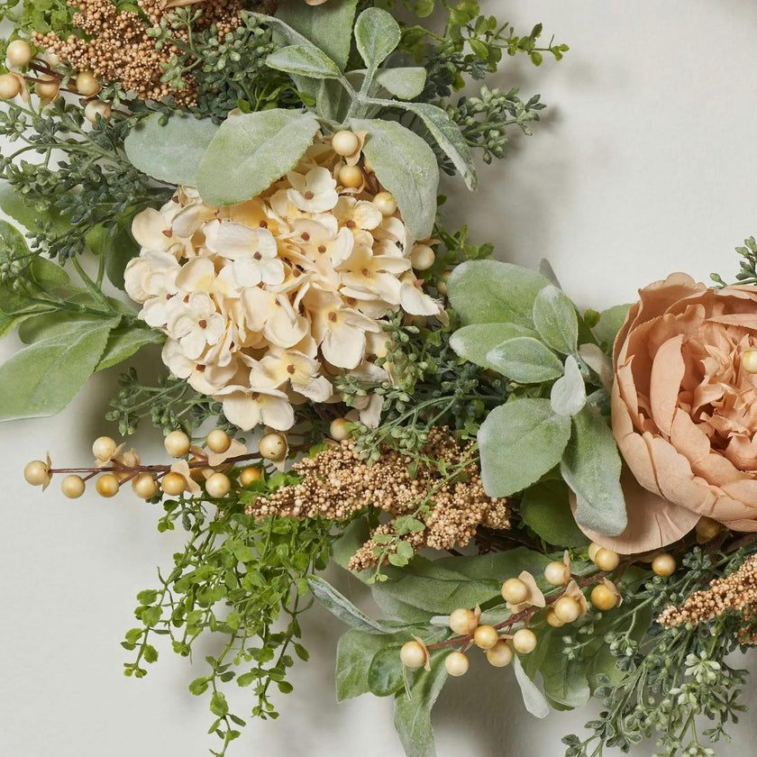 Pistachio Latte Hydrangea and Peony Everyday Front Door Fall Wreath
