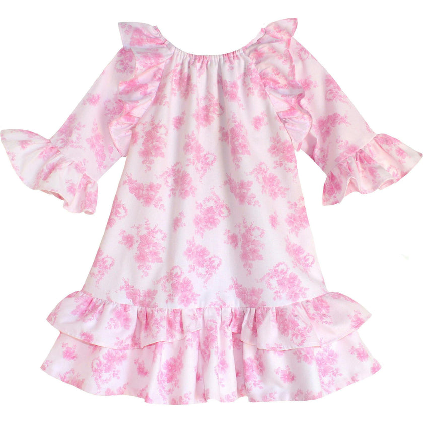 Triomphe 3/4 Sleeve Ruffled Toile Dress, Pink