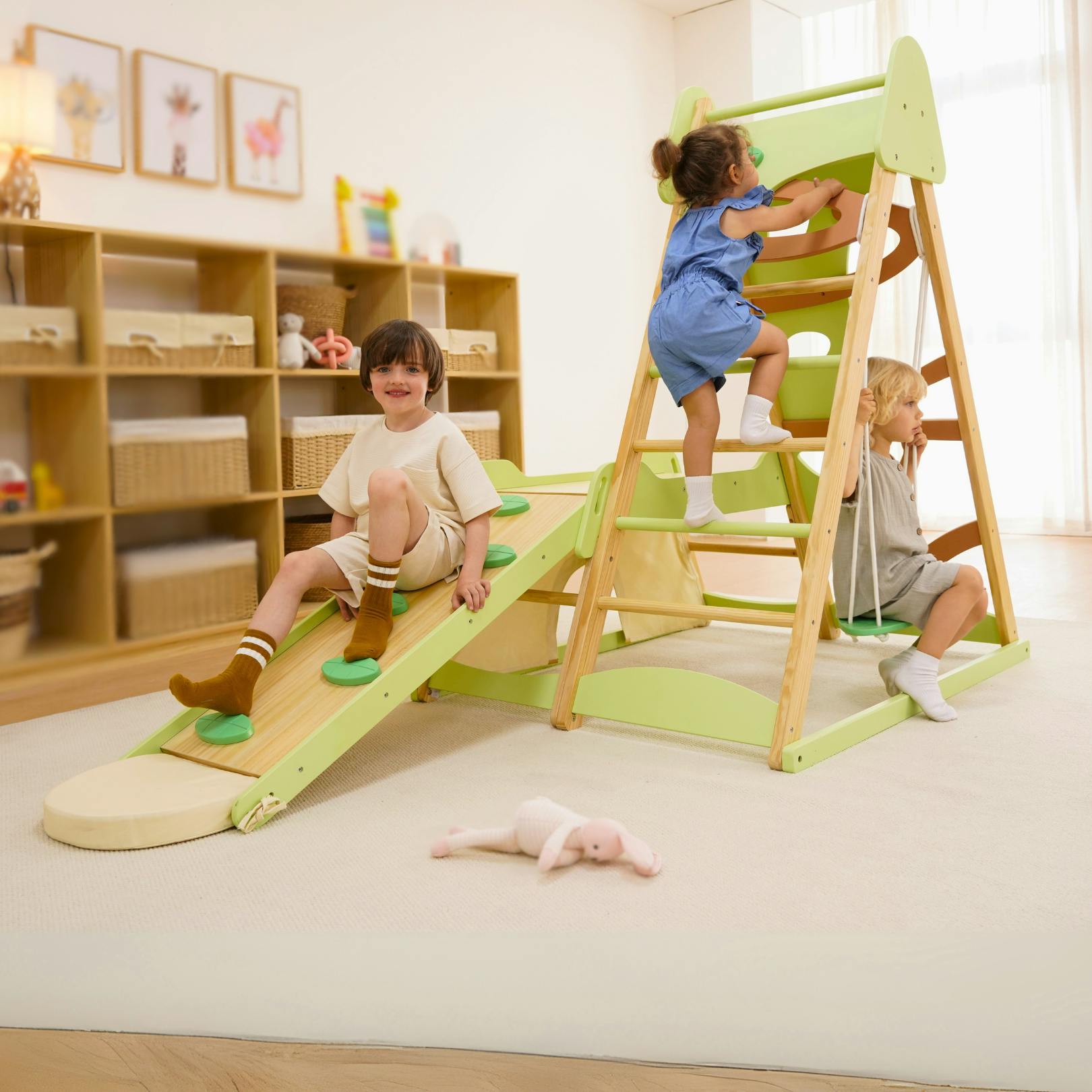 Avenlur Bush 6-in-1 Indoor Wooden Jungle Gym Climber – Montessori Toddler Playset with Slide, Rock Wall, Ladder & More