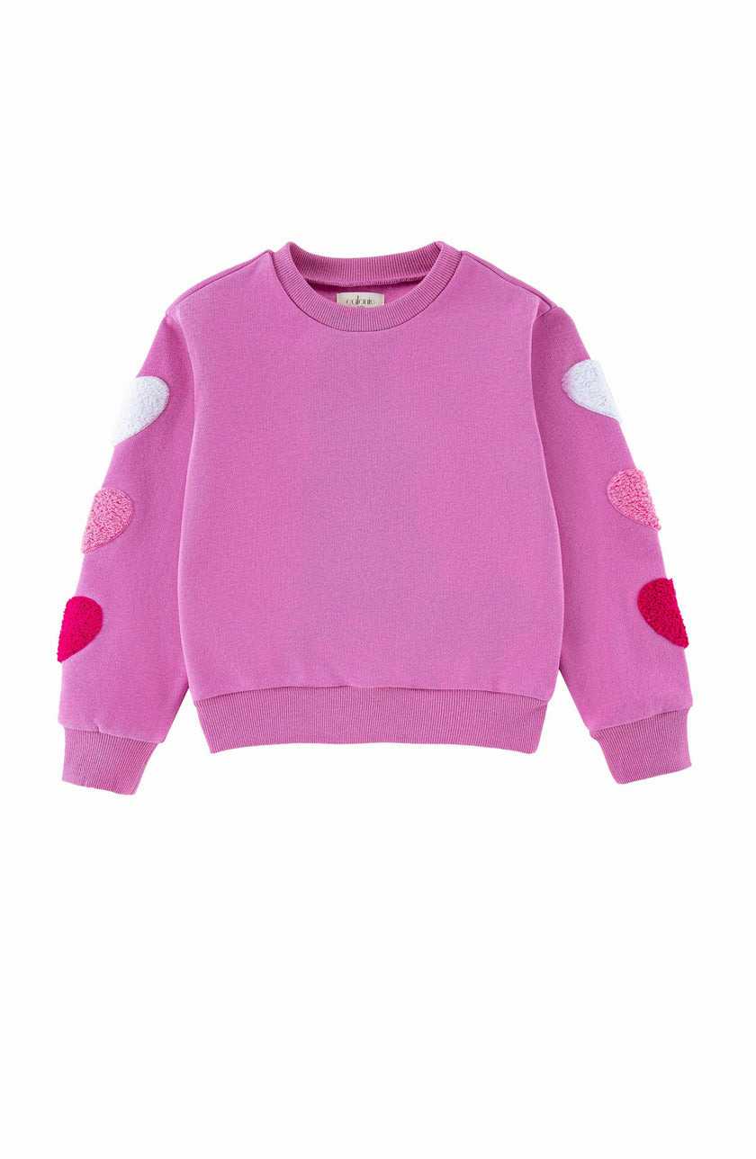 Brushed Fleece Patch Pullover Sweatshirt, Pink Hearts