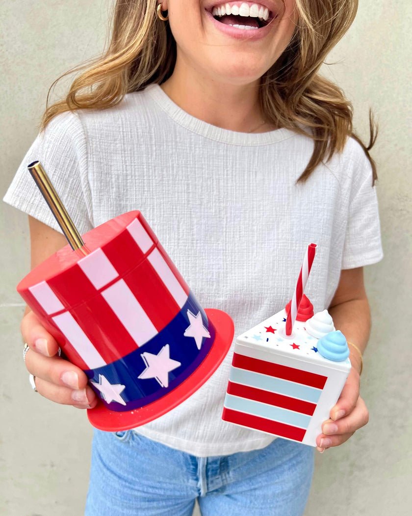Packed Party Hats Off to the USA Patriotic Uncle Sam Top Hat Sippers - 14 oz Novelty 4th of July Cups with Gold Plastic Straws and Leak-Proof Lids