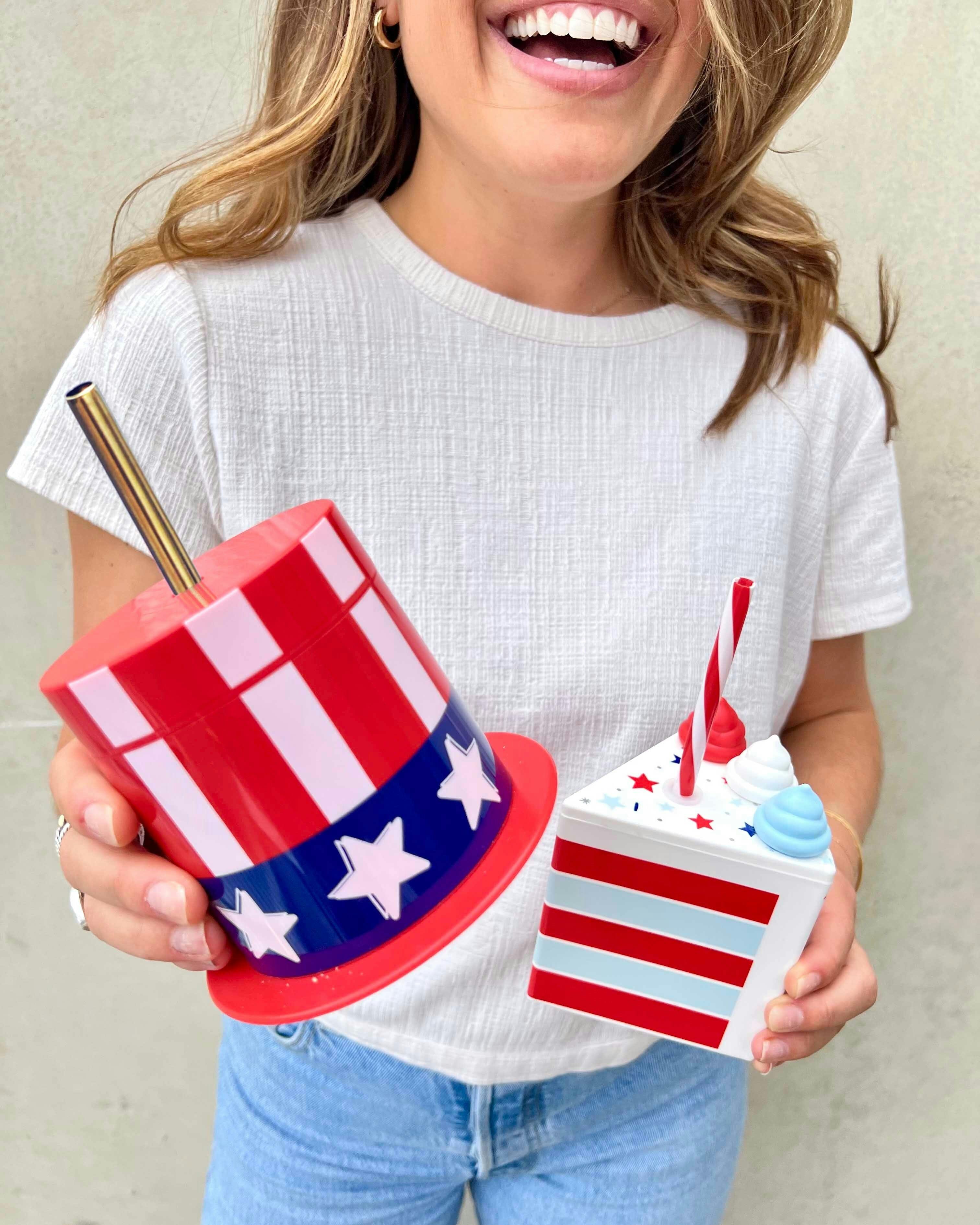Packed Party Hats Off to the USA Patriotic Uncle Sam Top Hat Sippers - 14 oz Novelty 4th of July Cups with Gold Plastic Straws and Leak-Proof Lids