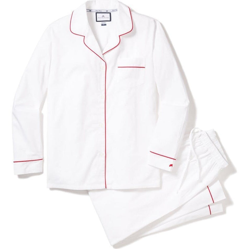 Women's Twill Pajama Set in White with Red Piping