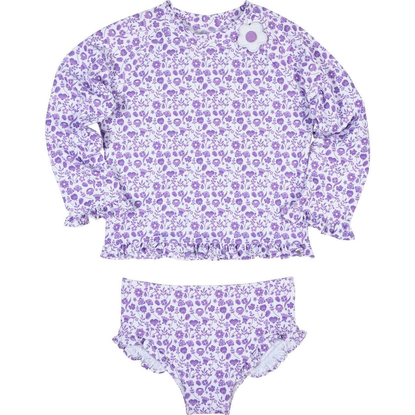 Floral Print Rashguard Swimsuit W/Ruffles