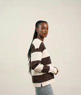 Womens Heavy Pima Rugby Pullover - Pima Cotton Jersey - Brown Bone Stripe