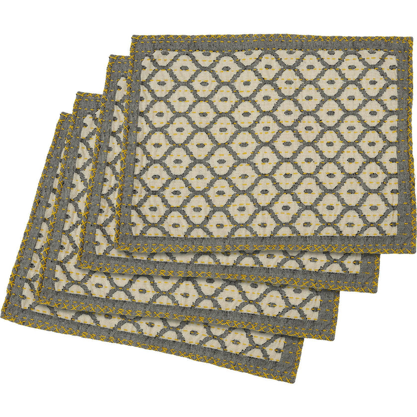 Artisan Hand Loomed Placemat - Gray Yellow Stitching - 14" x 19"- Set of 4