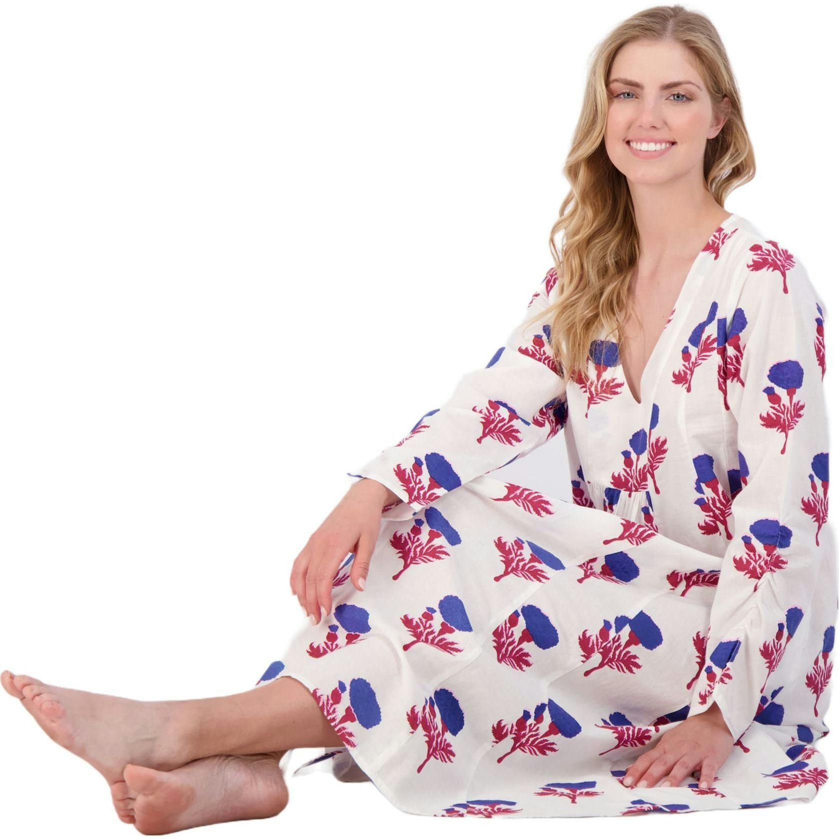 Women's Floral Block Print V-Neck Fit-N-Flare Long Sleeve Dress, White
