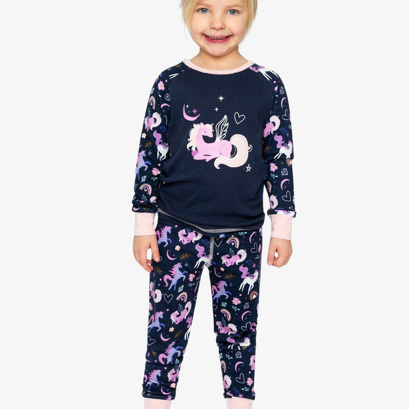 Organic Cotton Two Piece Pajama Set Purple Unicorn Print
