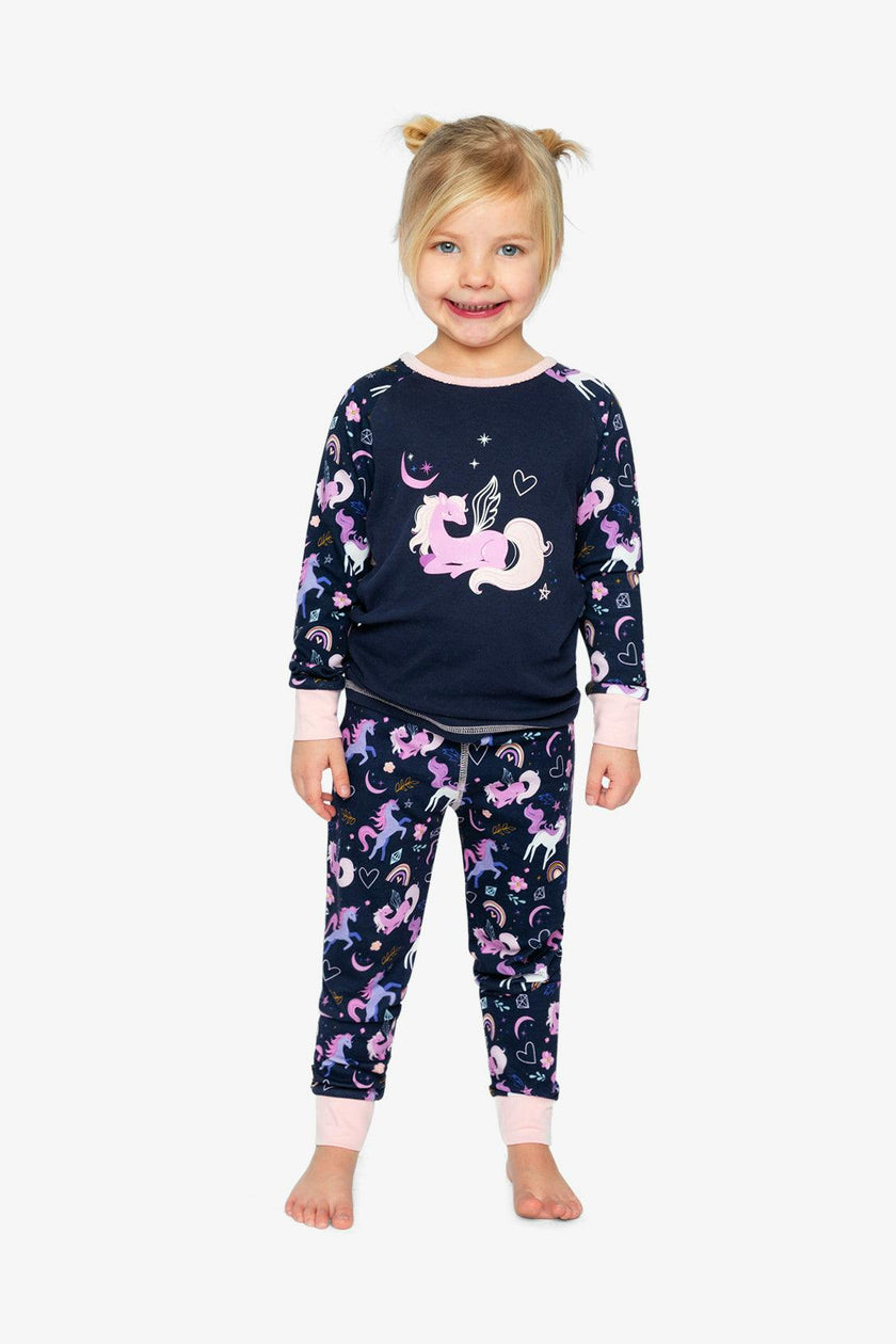 Organic Cotton Two Piece Pajama Set Purple Unicorn Print