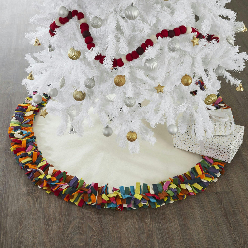 Handmade Felt Multicolor Fringe Border Cream Christmas Tree Skirt - 51" / 72"