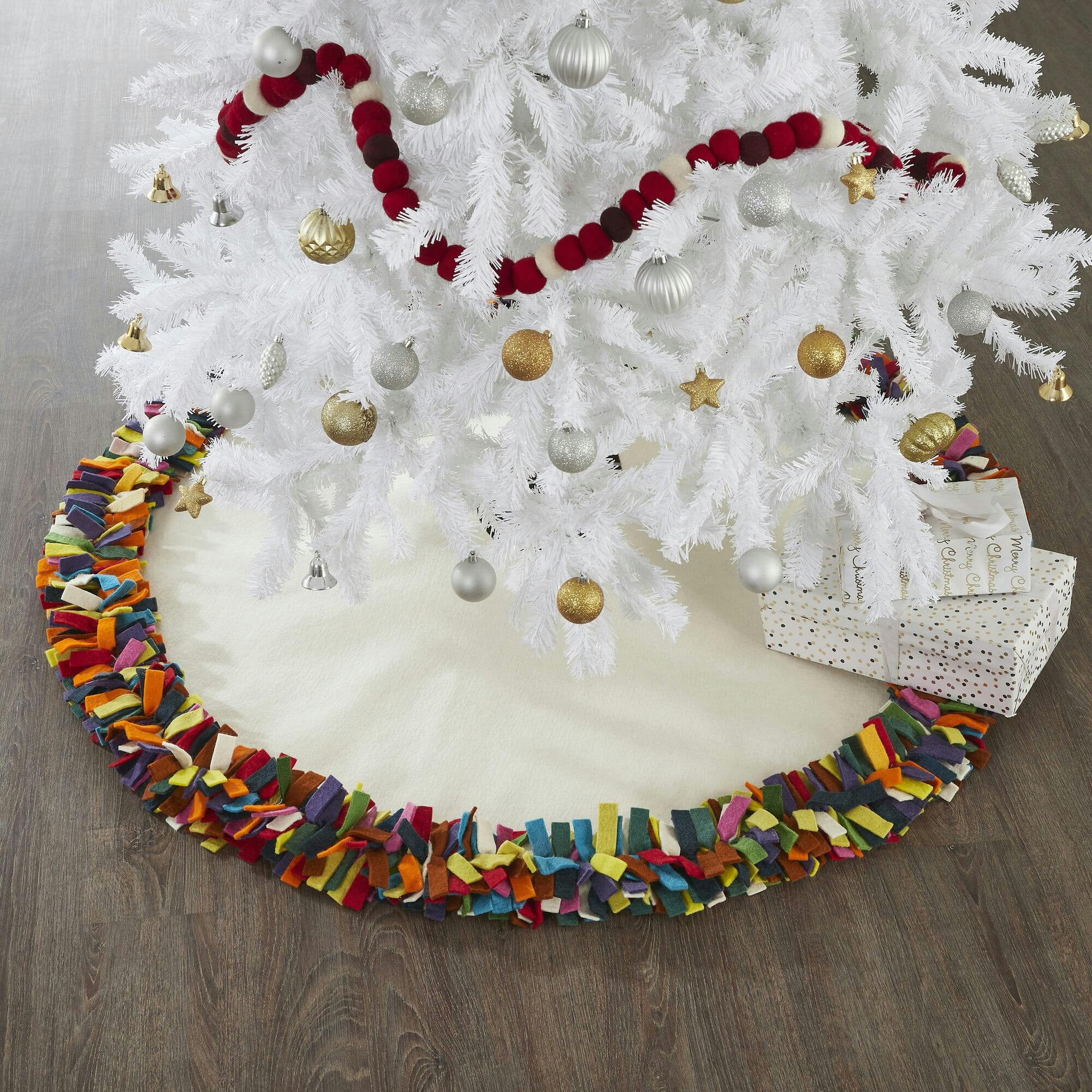 Handmade Felt Christmas Tree Skirt - Multicolor Fringe Border on Cream
