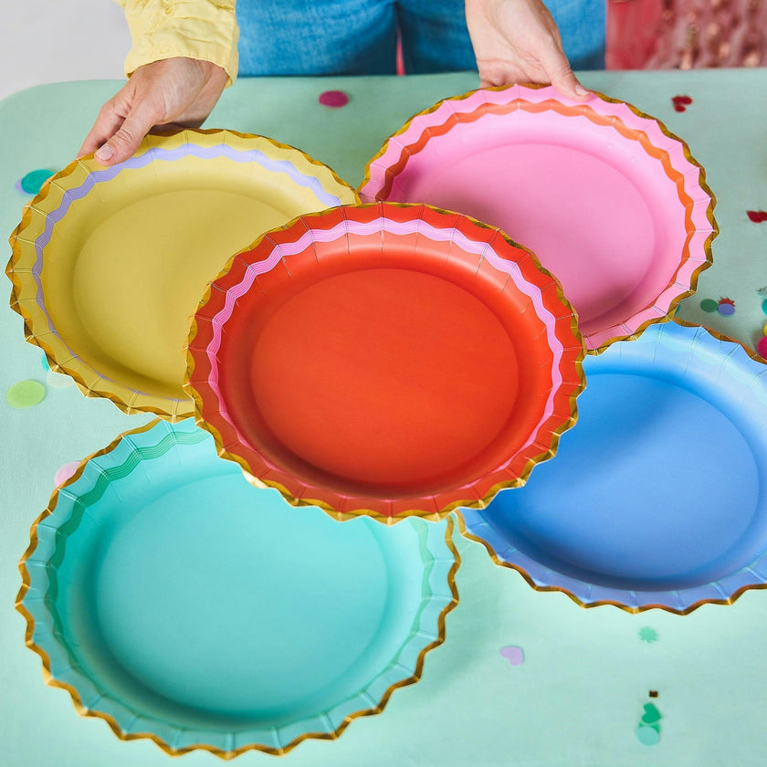 Packed Party Rainbow Ric Rac 10ct Paper Dinner Plates | Gold Foil Scalloped 5-Color Mix Party Plates |10 Inch Birthday Plates