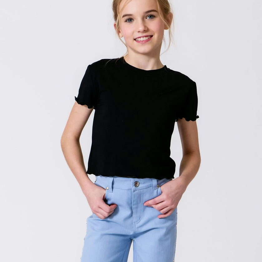 Girls Short Sleeve Lettuce Edge Tee in Black