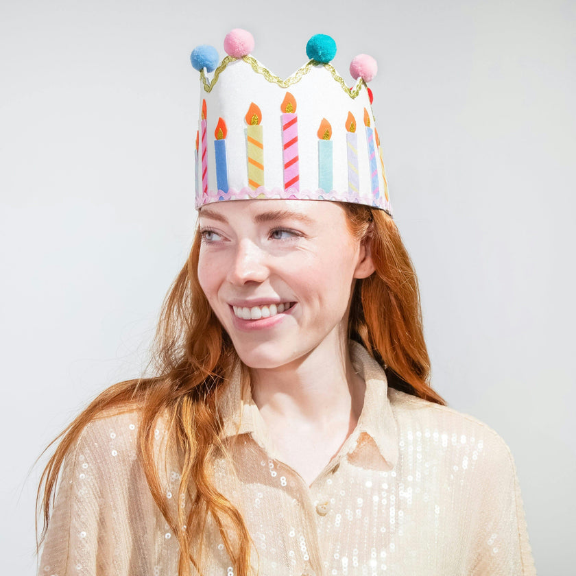 Packed Party Birthday Wishes Reusable Glitter Pom Pom Crown - Metallic Fabric Birthday Candle Crown with Multicolor Poms and Adjustable Satin Ties