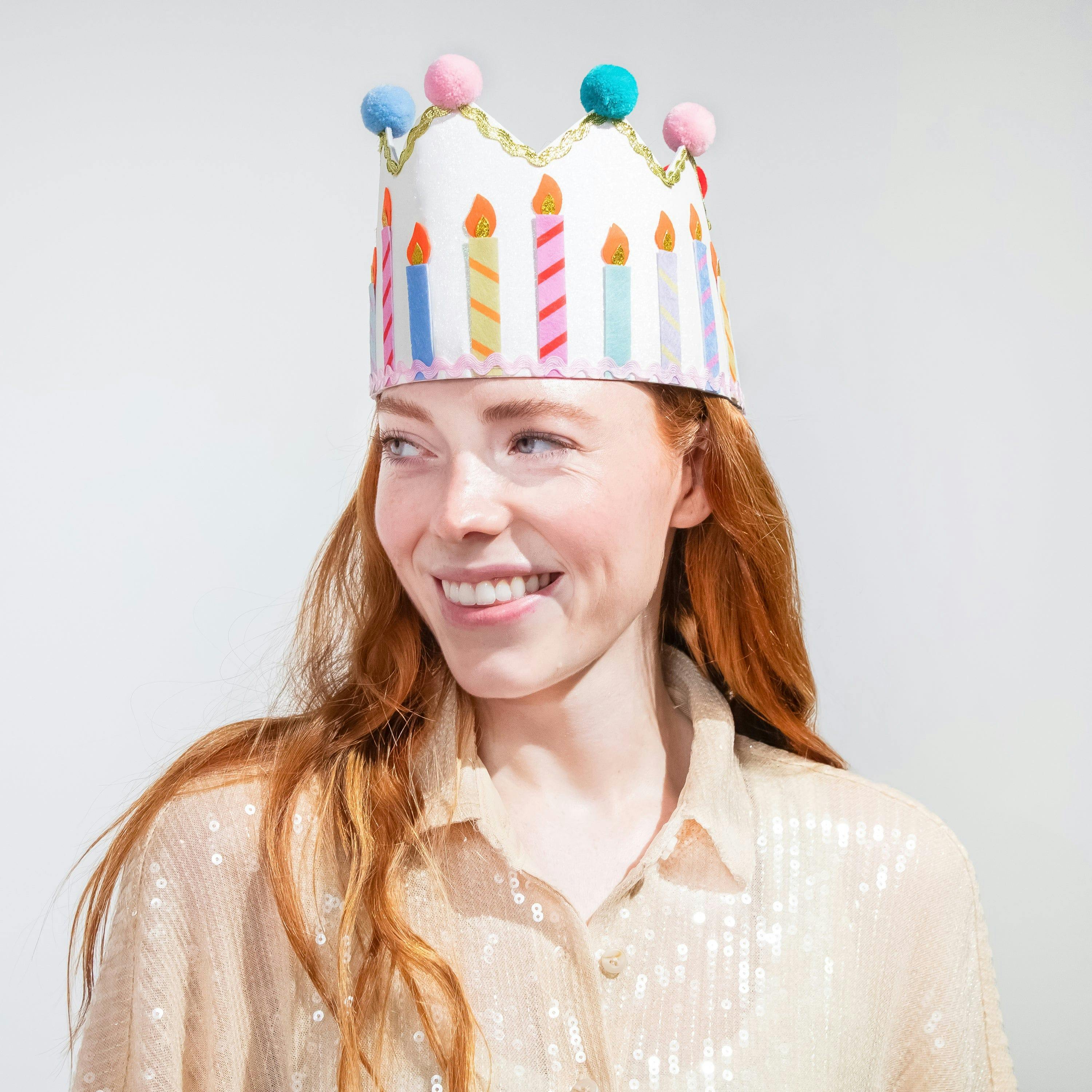 Packed Party Birthday Wishes Reusable Glitter Pom Pom Crown - Metallic Fabric Birthday Candle Crown with Multicolor Poms and Adjustable Satin Ties