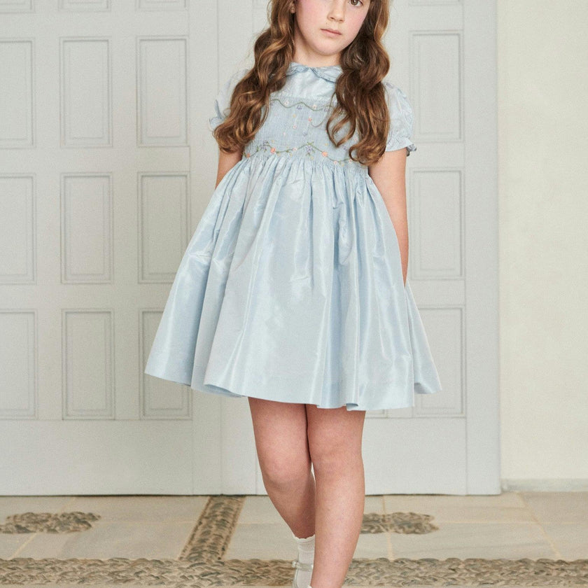 Light Blue Eva Silk Ceremony Girl Hand-Smocked Dress