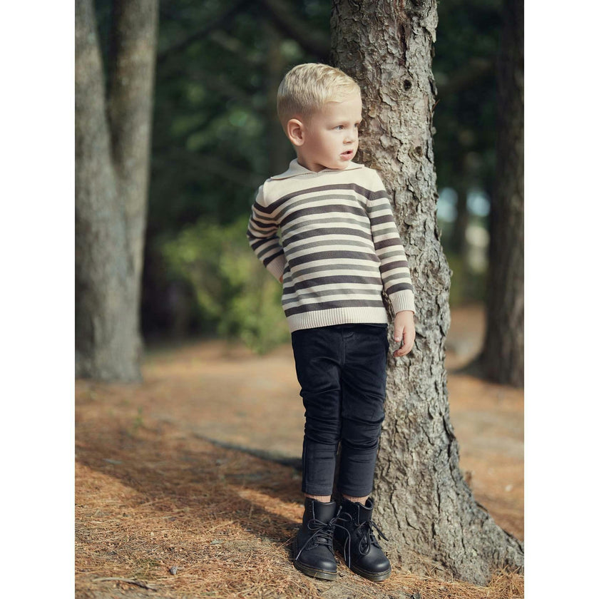 Striped Ribbed Collar Rounded V-Neck Relaxed Fit Sweater