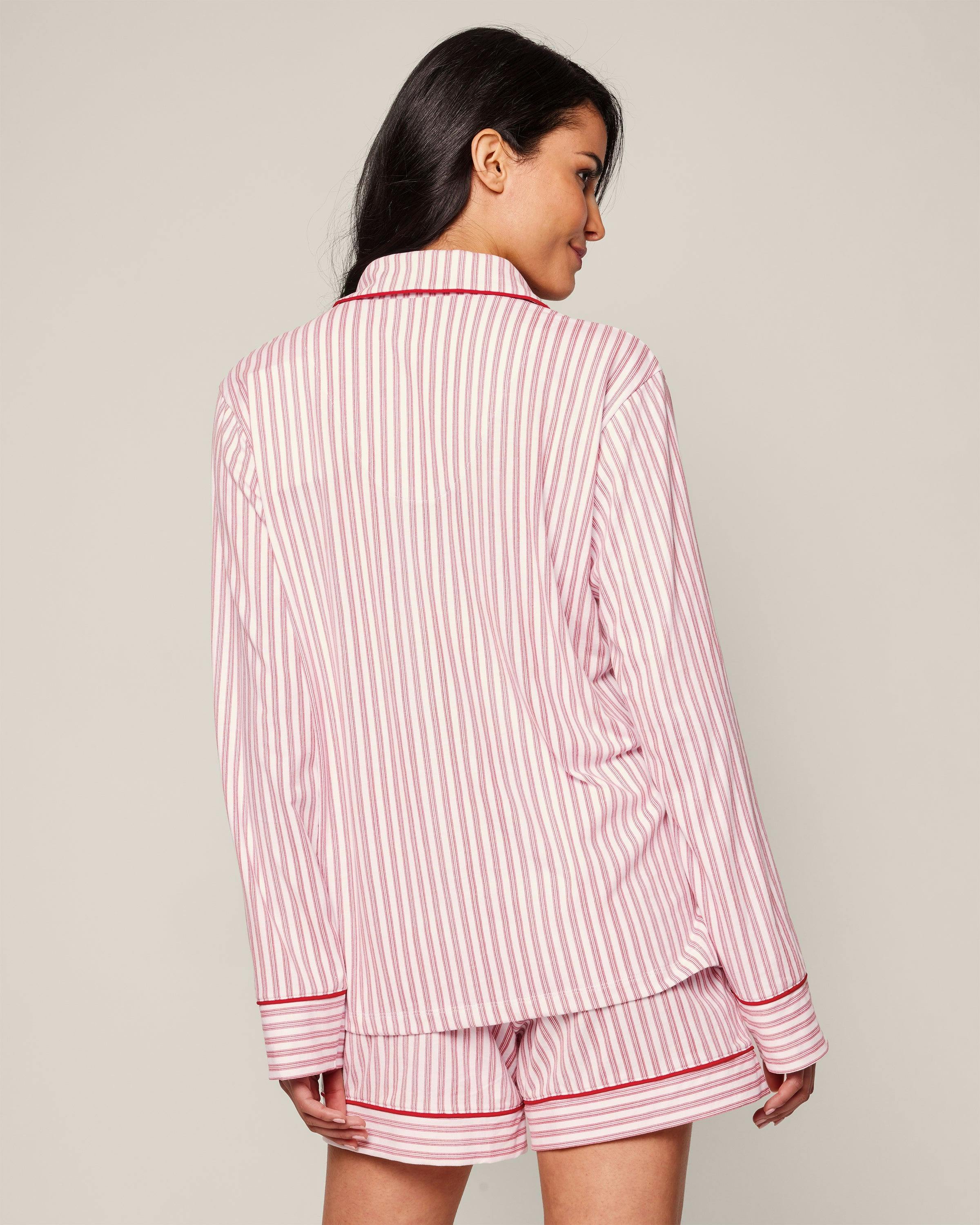 Women's Pima Long Sleeve Short Set in Antique Red Ticking