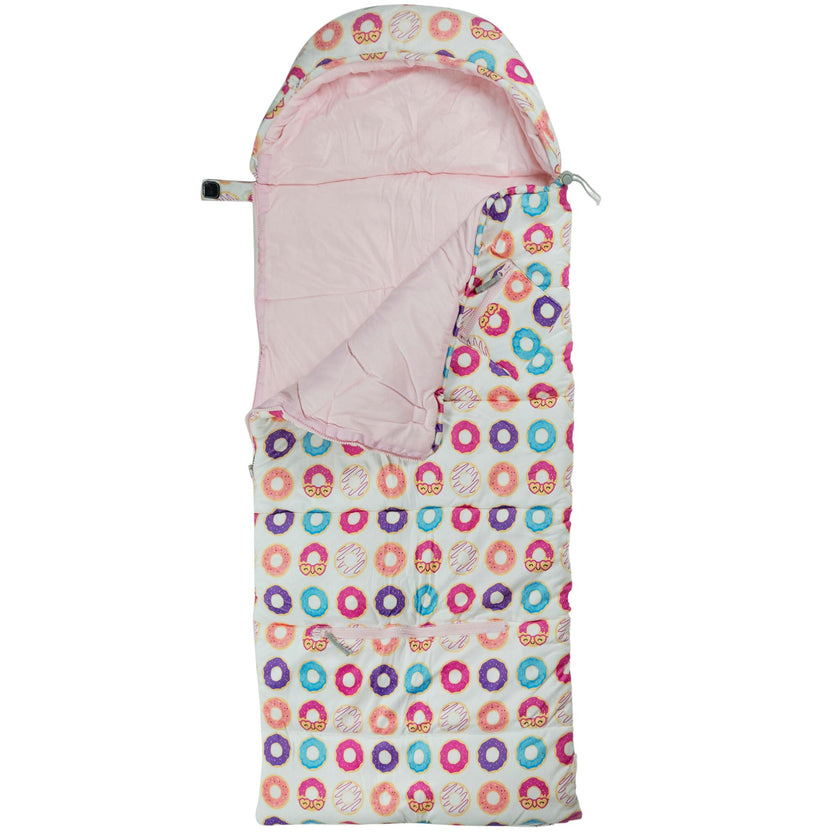 Sleep-n-Pack: Packable Little Kid's Sleeping Bag & Backpack, Cozy Mink, Donuts
