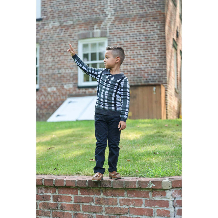 Plaid Button Collared Crew Fit Sweater