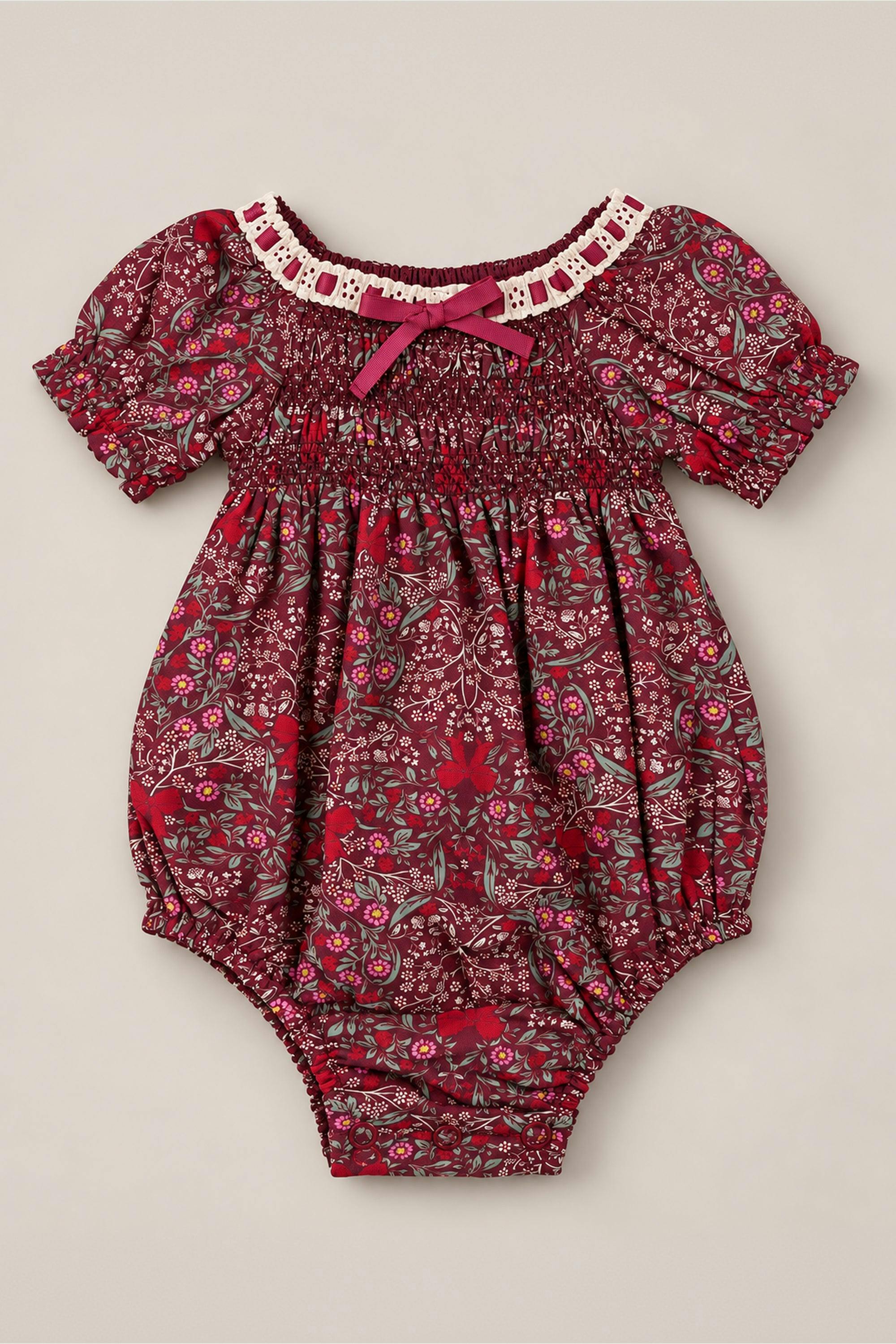 Baby Sunday Best Romper in Garnet Ribboned Garden