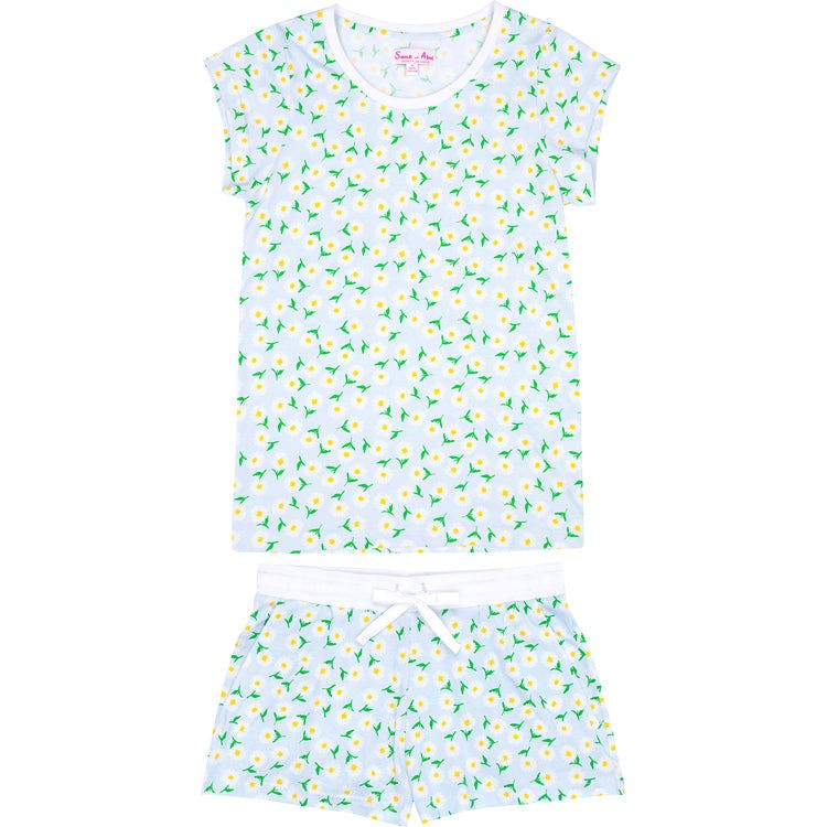 Women's Daisy Jersey Short PJ Set - Blue Organic Stretch Cotton