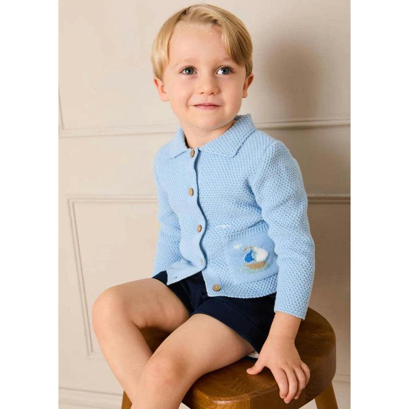 Nautical Boat Embroidery Polo Collar Cardigan in Sky Blue (12mths-6yrs)