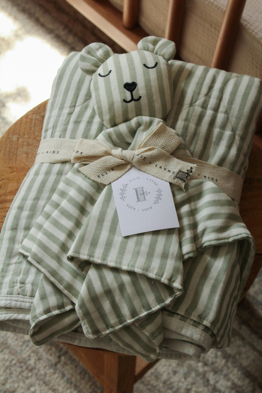 Ellis Green Stripe QUILTED 6 Layer Gauze Blanket