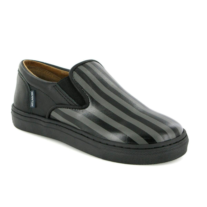 Leather Slip On Sneakers, Black & Grey Stripes