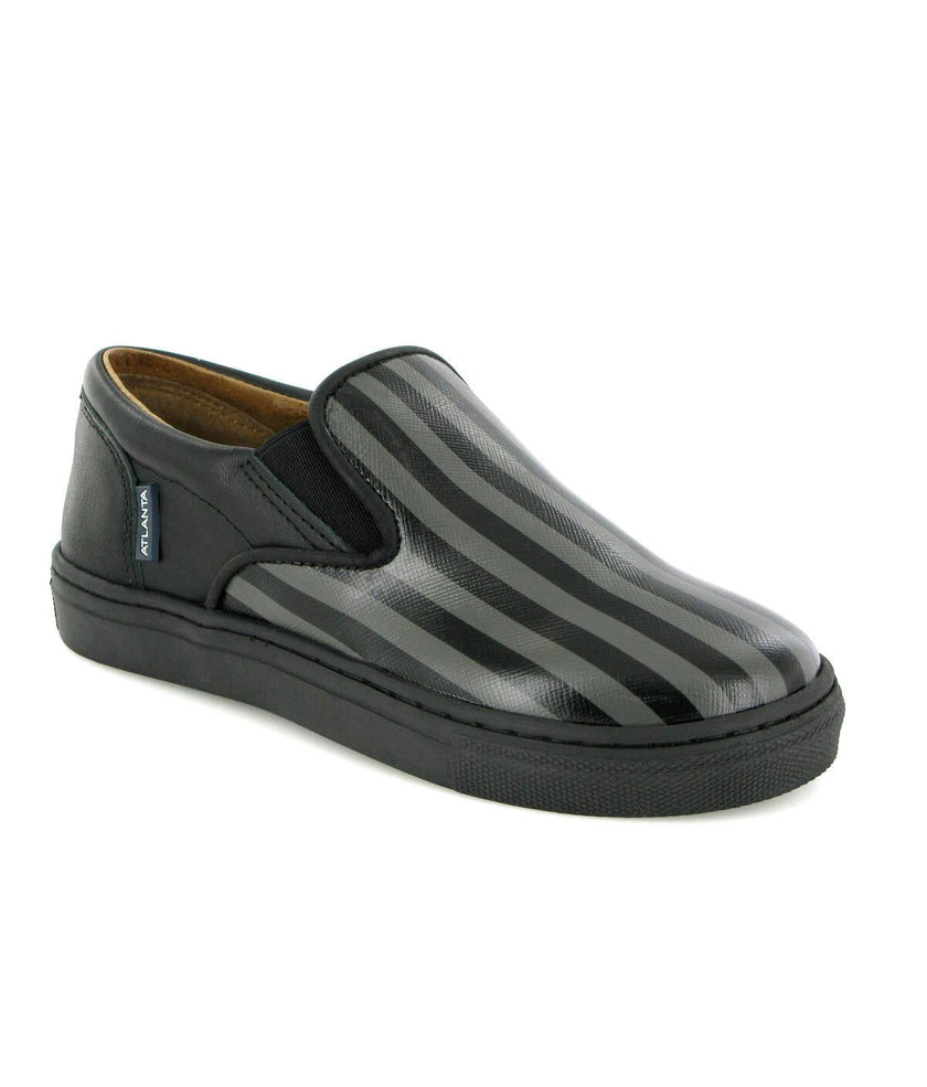 Leather Slip On Sneakers, Black & Grey Stripes
