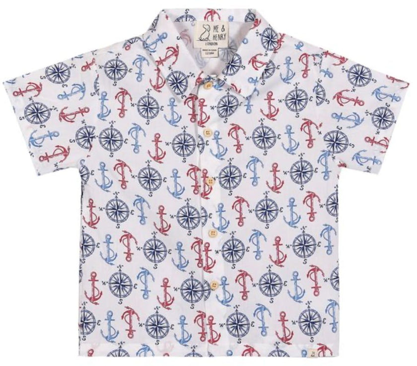 MAUI RED/WHITE/BLUE ANCHORS PRINTED WOVEN SHIRT