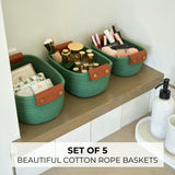 Beautiful Storage Basket Set of 5 - Modern Cotton Rope Baskets for Organizing Shelves - Perfect Bins for Nursery, Changing Table, Office and Living Room