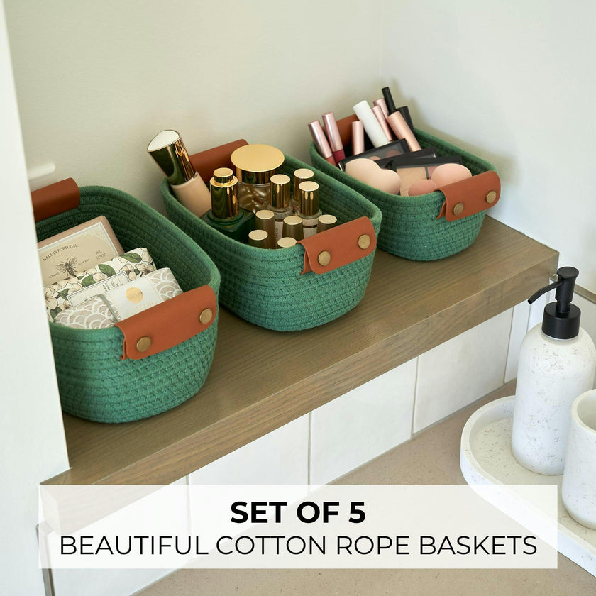 Beautiful Storage Basket Set of 5 - Modern Cotton Rope Baskets for Organizing Shelves - Perfect Bins for Nursery, Changing Table, Office and Living Room