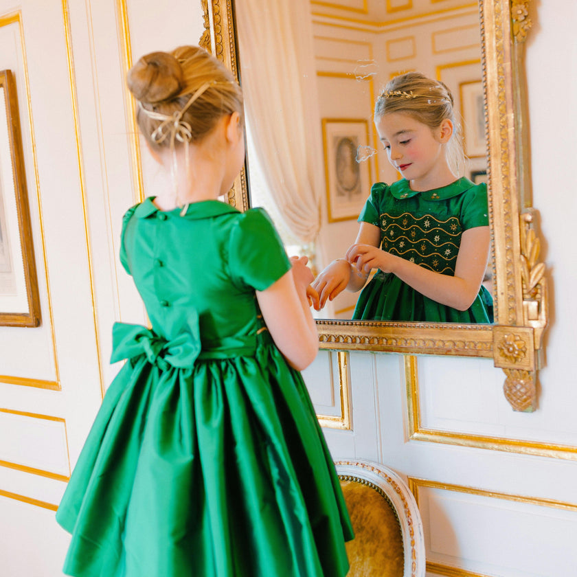 Stella Green Silk Short Sleeve Smocked Dress