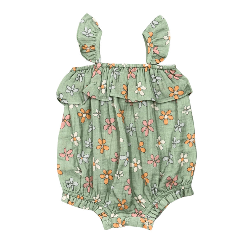 Baby Girl Gauze Bubble Romper in Sketched Daisy