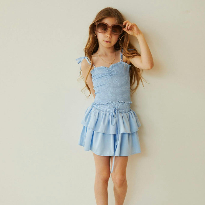 Georgia Pastel Blue Satin Smocked Top
