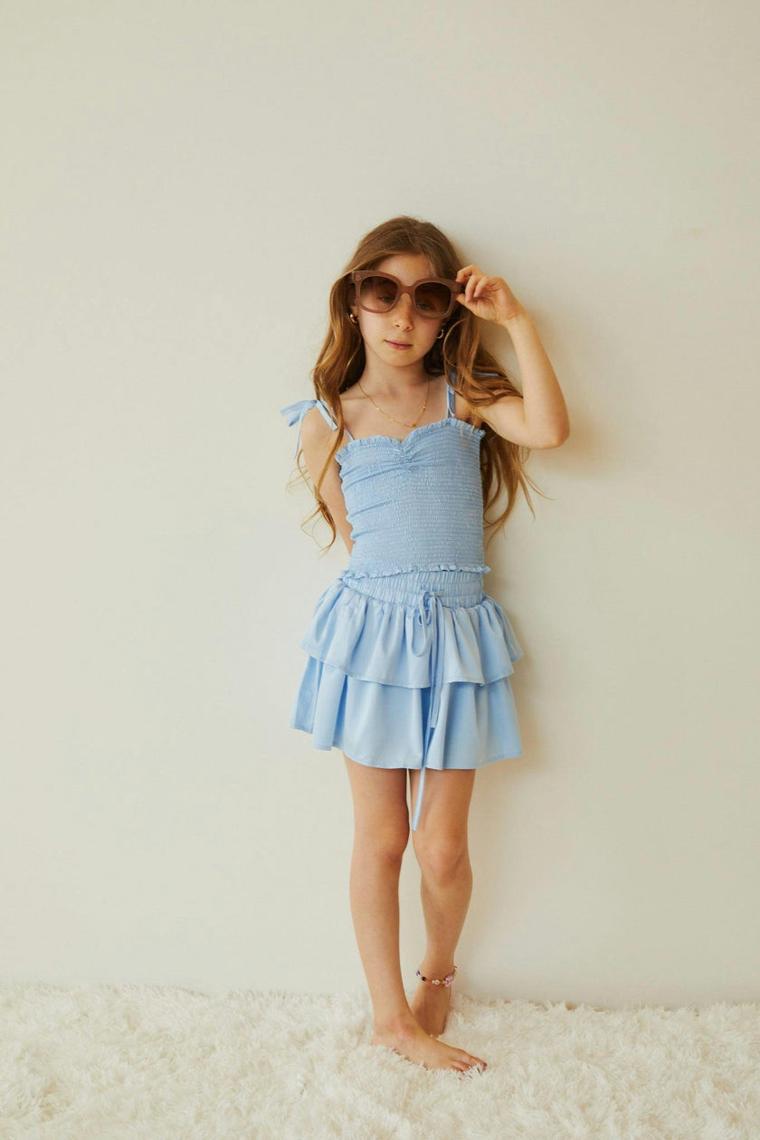 Georgia Pastel Blue Satin Smocked Top