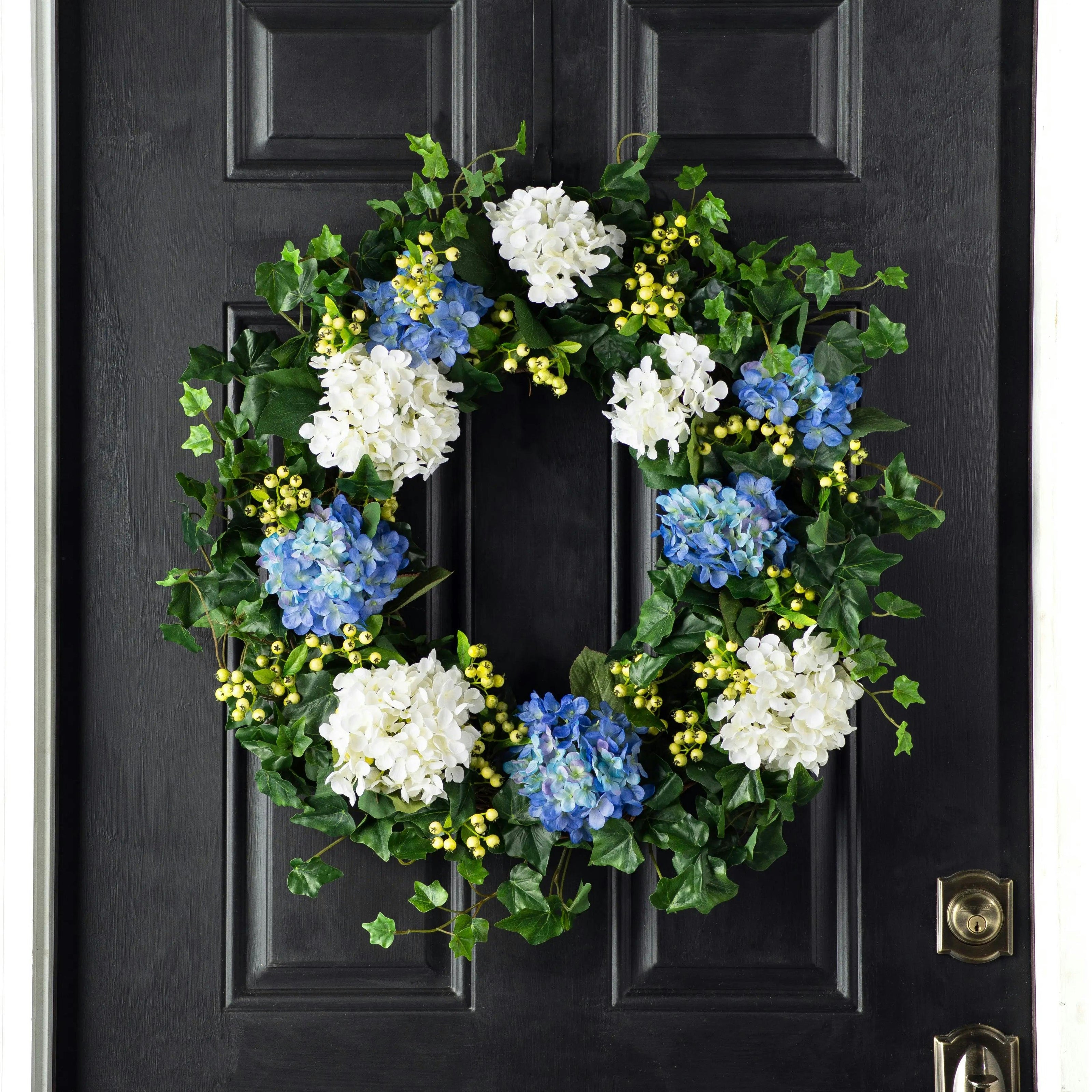 Blue & White Hydrangea, English Ivy & Berry Everyday Spring Front Door Wreath