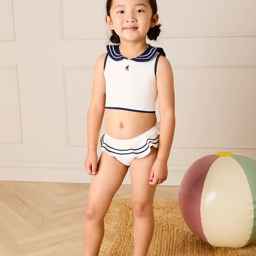 Mariner Collar Embroidered Boat Motif Two Piece Swimsuit in White (12mths- 10yrs)